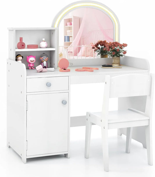 Ensemble Coiffeuse et Bureau Enfant avec Chaise, Miroir et Étagères, Sécurité Antibasculement, Charge Max 50kg, 3 Ans et Plus