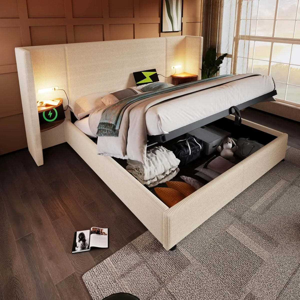 Lit Double 160x200 cm avec Rangement, Table de Nuit Intégrée et Ports USB-C, Velours Beige avec Tête de Lit Capitonnée, Sommier à Lattes Inclus