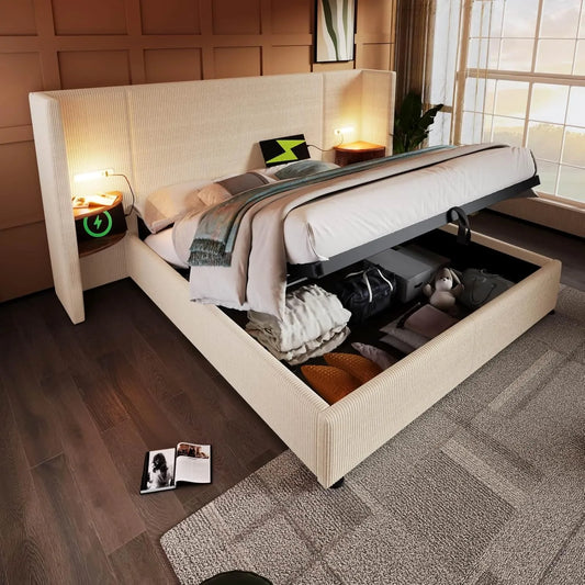 Lit Double 160x200 cm avec Rangement, Table de Nuit Intégrée et Ports USB-C, Velours Beige avec Tête de Lit Capitonnée, Sommier à Lattes Inclus