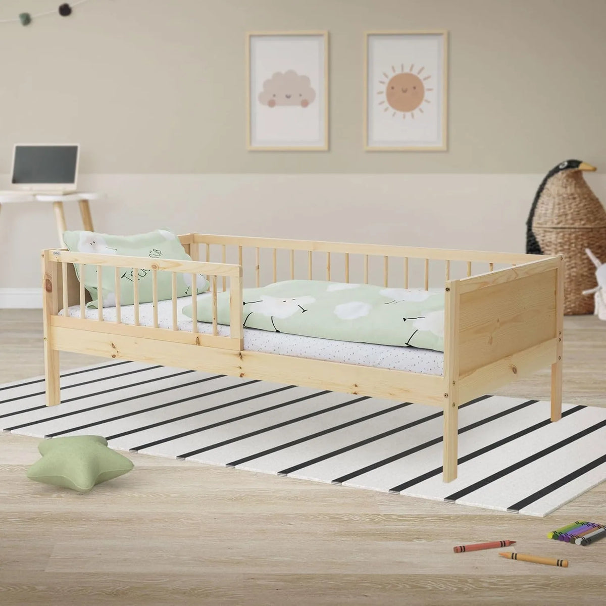 Lit Enfant en Pin 80x160 cm avec Barrière Anti-Chute, Cadre Naturel, Livré sans Matelas