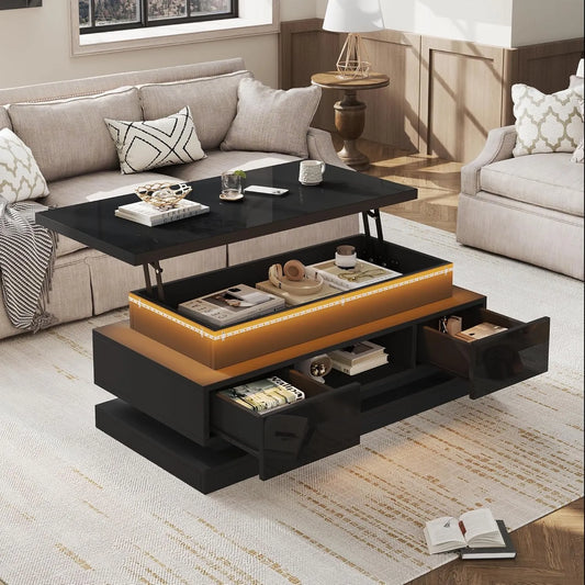 Table Basse Réglable Noire avec Tiroirs et LED, Design Moderne pour Salon, 100 x 50 x 40 cm