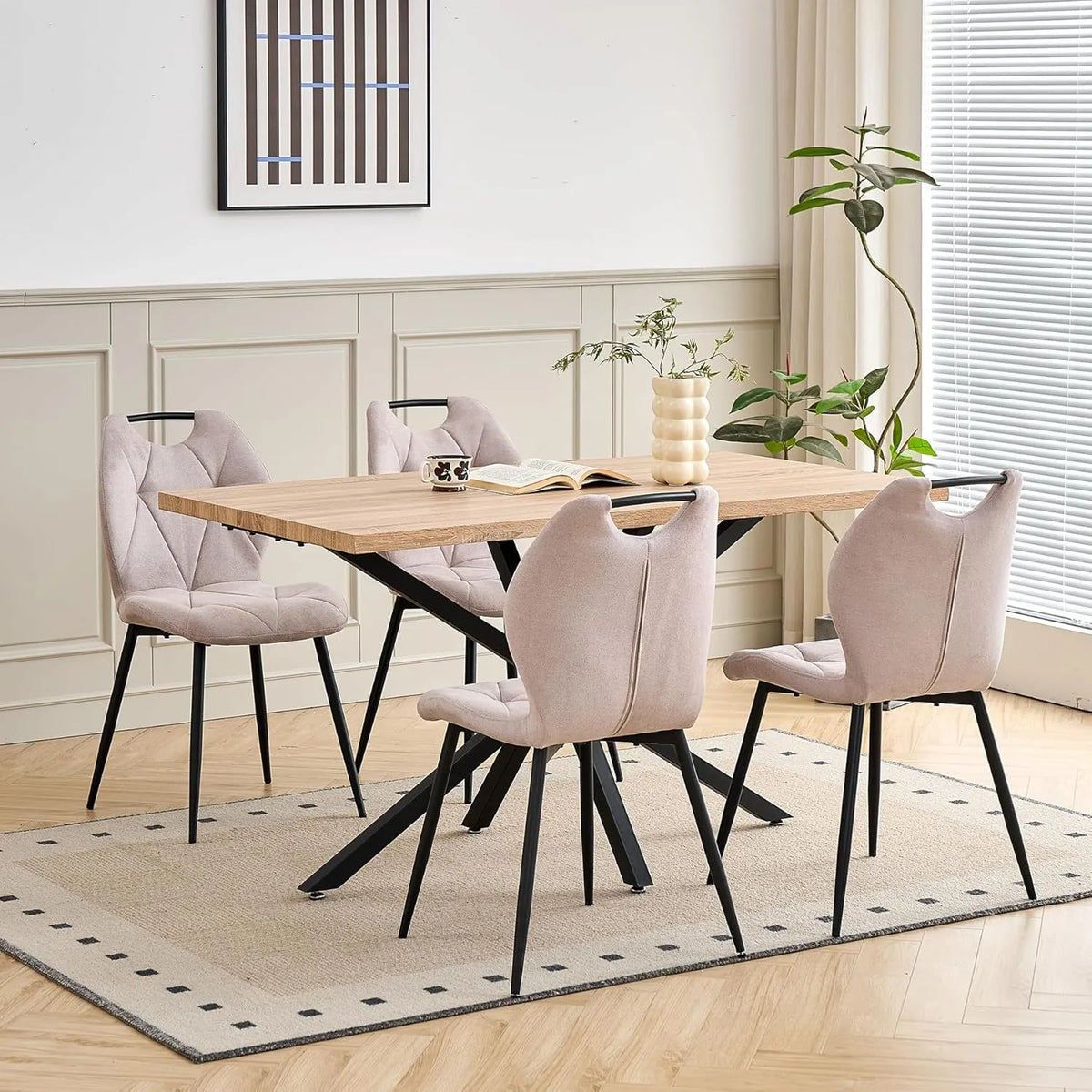 Ensemble de Salle à Manger 5 Pièces: Table Carrée de 140 cm et 4 Chaises Beige