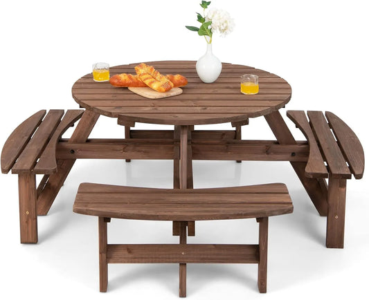 Set de Table de Jardin en Bois Résistant avec Trou pour Parasol, Capacité 8 Personnes, Charge Maximale 225 KG par Banc