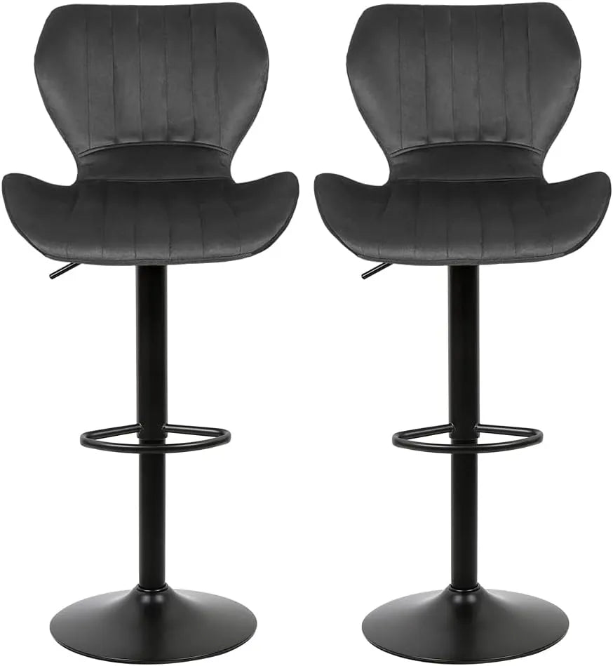 Ensemble de 2 Tabourets de Bar Réglables en Velours avec Repose-Pieds, Structure Métal, 55-75CM, Gris Foncé