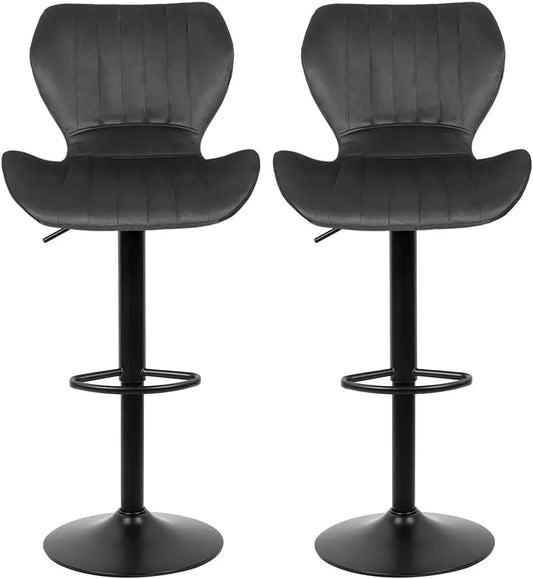 Ensemble de 2 Tabourets de Bar Réglables en Velours avec Repose-Pieds, Structure Métal, 55-75CM, Gris Foncé