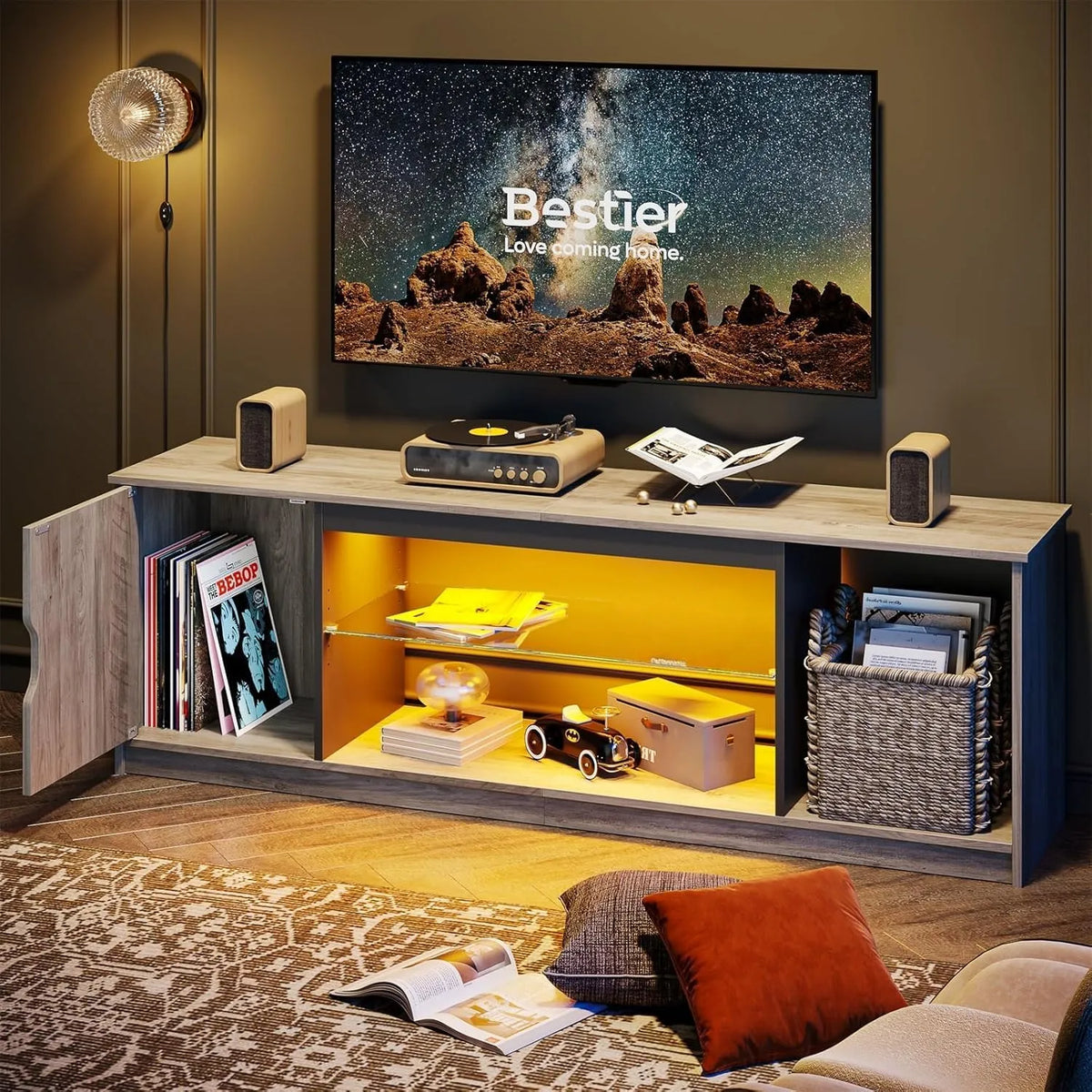 Meuble TV Bestier 145 cm pour Écrans jusqu'à 65' avec Rangement PS5, Design Moderne, Étagères en Verre Ajustables, Adapté au Salon et à la Chambre