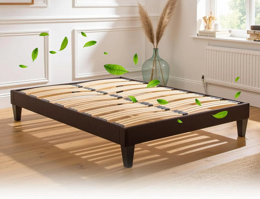 Lit Double Ergonomique en Bois Massif 140x190 cm - Sommier en Kit avec Tissu Gris, Système Tri-Lattes, Ventilation Optimale