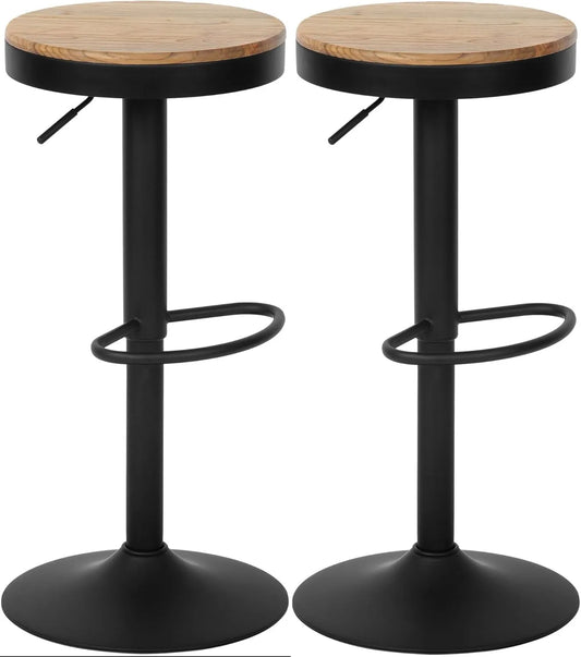Ensemble de 2 Tabourets de Bar Pitas en Orme avec Repose-Pieds, Hauteur Réglable et Pivotant, Capacité Jusqu'à 130 kg, Couleur Naturelle