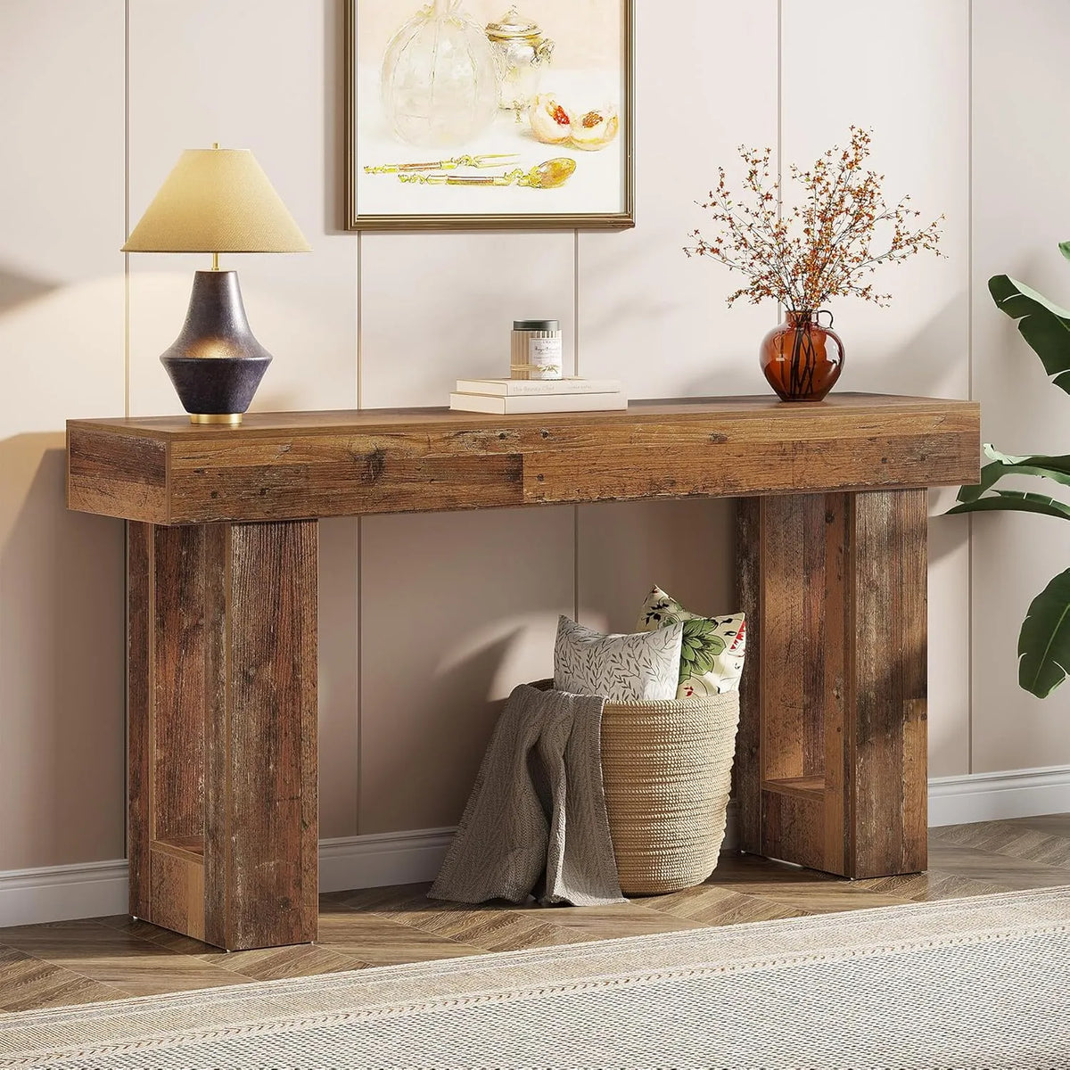 Table Console Étroite 160 cm en Bois Naturel Style Campagne, Idéale pour Salon et Entrée
