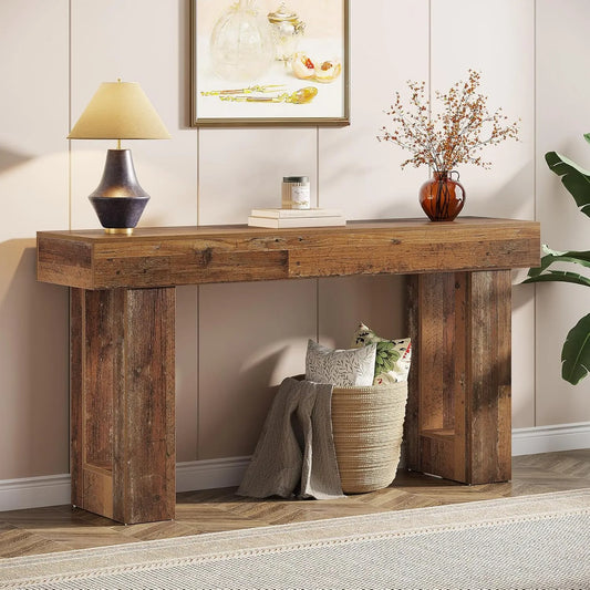 Table Console Étroite 160 cm en Bois Naturel Style Campagne, Idéale pour Salon et Entrée