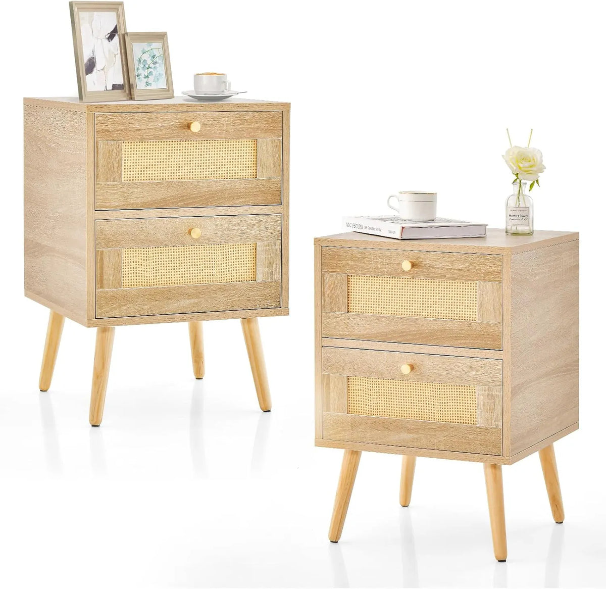 Table de Nuit Scandinave en Rotin avec 2 Tiroirs et Pieds en Pin, 40 x 40 x 59 cm