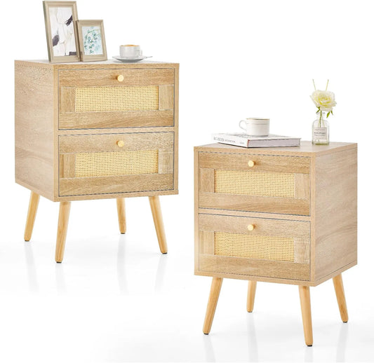 Table de Nuit Scandinave en Rotin avec 2 Tiroirs et Pieds en Pin, 40 x 40 x 59 cm
