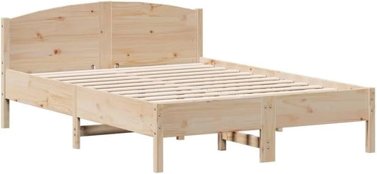 Cadre de Lit Double en Bois Massif avec Sommier et Tête de Lit, 140x190 cm, Design Moderne