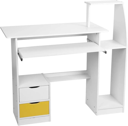 Bureau en bois blanc avec tiroirs et étagères, espace de travail et clavier intégré