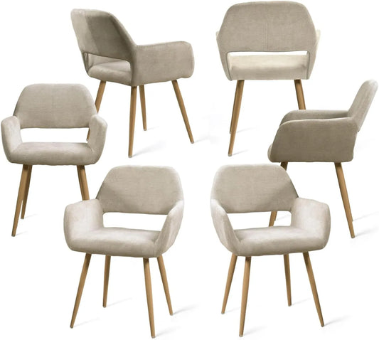 Ensemble de 6 Chaises Confortables en Tissu avec Pieds en Métal Effet Bois pour Salle à Manger, Salon ou Bureau - Beige, 56x56x78 cm