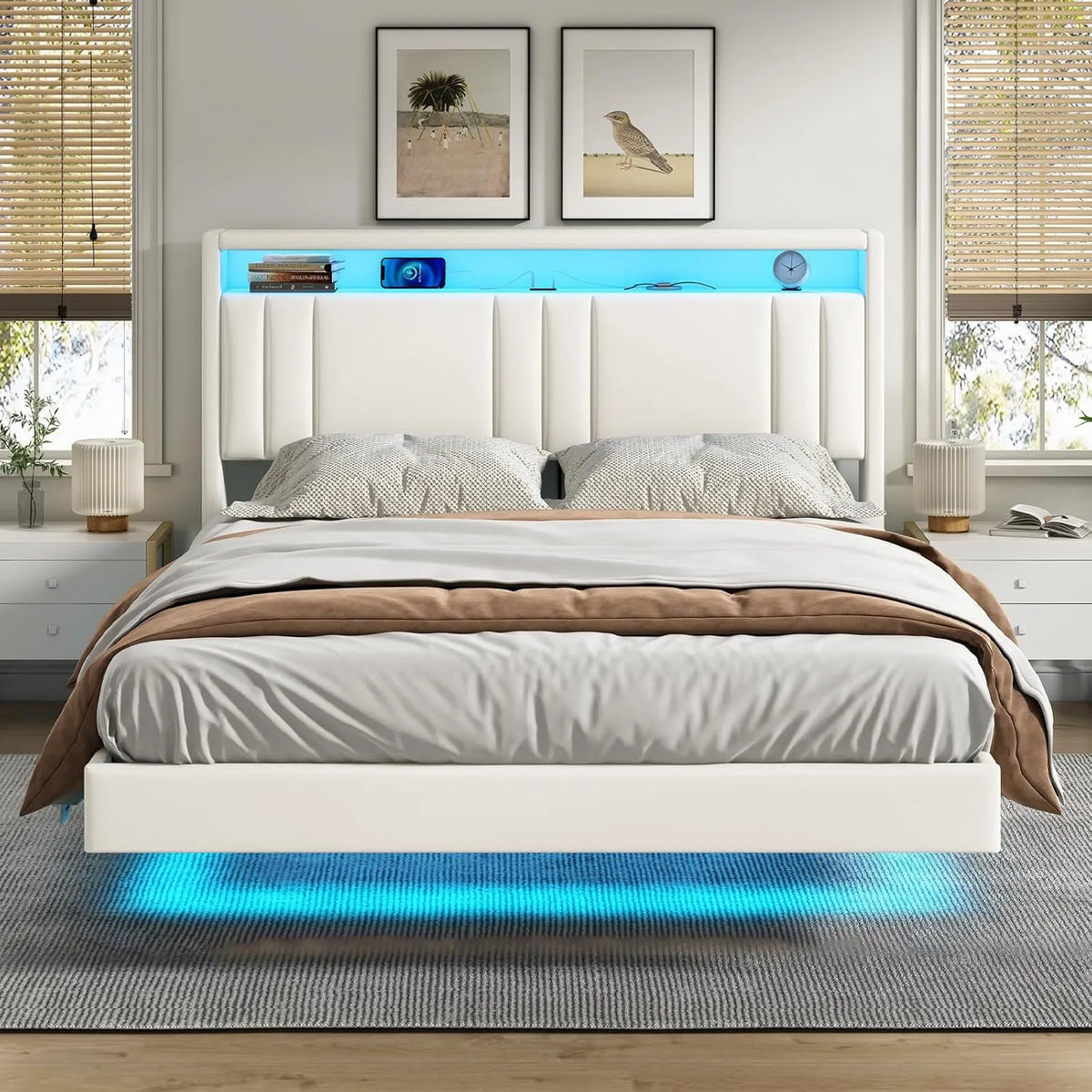Lit Double 140x190 cm Flottant avec LED, Prise Intégrée et Étagère, Cadre en PU Blanc