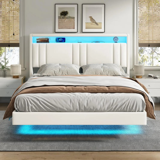 Lit Double 140x190 cm Flottant avec LED, Prise Intégrée et Étagère, Cadre en PU Blanc