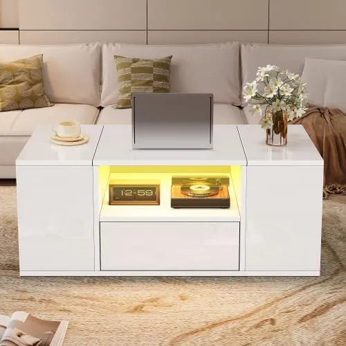 Table basse moderne LED avec tiroirs et armoires - 100 x 50 x 40 cm - Blanc