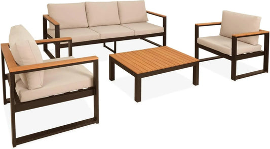 Ensemble de Jardin 5 Places en Aluminium et Eucalyptus Noir - Coussins Beige