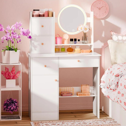 Coiffeuse élégante avec miroir LED 46 cm, lumières ajustables, 4 tiroirs et étagères éco-responsables
