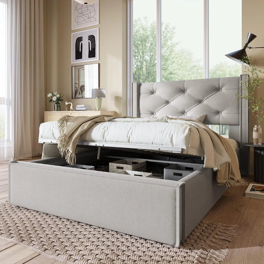 Lit Simple 90x200 cm avec Rangement Hydraulique et Sommier à Lattes - Cadre Métal - Tissu Coton - Enfants - Gris Clair