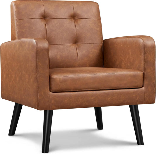 Fauteuil de Salon en Similicuir avec Pieds en Bois Massif Style Rustique - Yaheetech