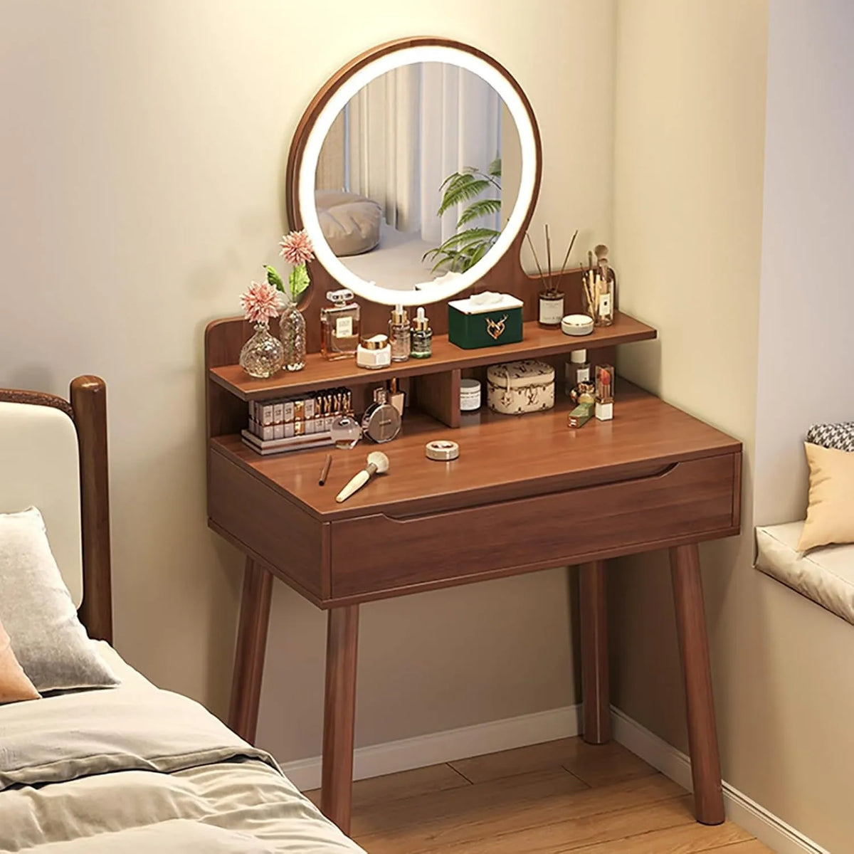 Coiffeuse avec Miroir LED Réglable, Meuble pour Cosmétique