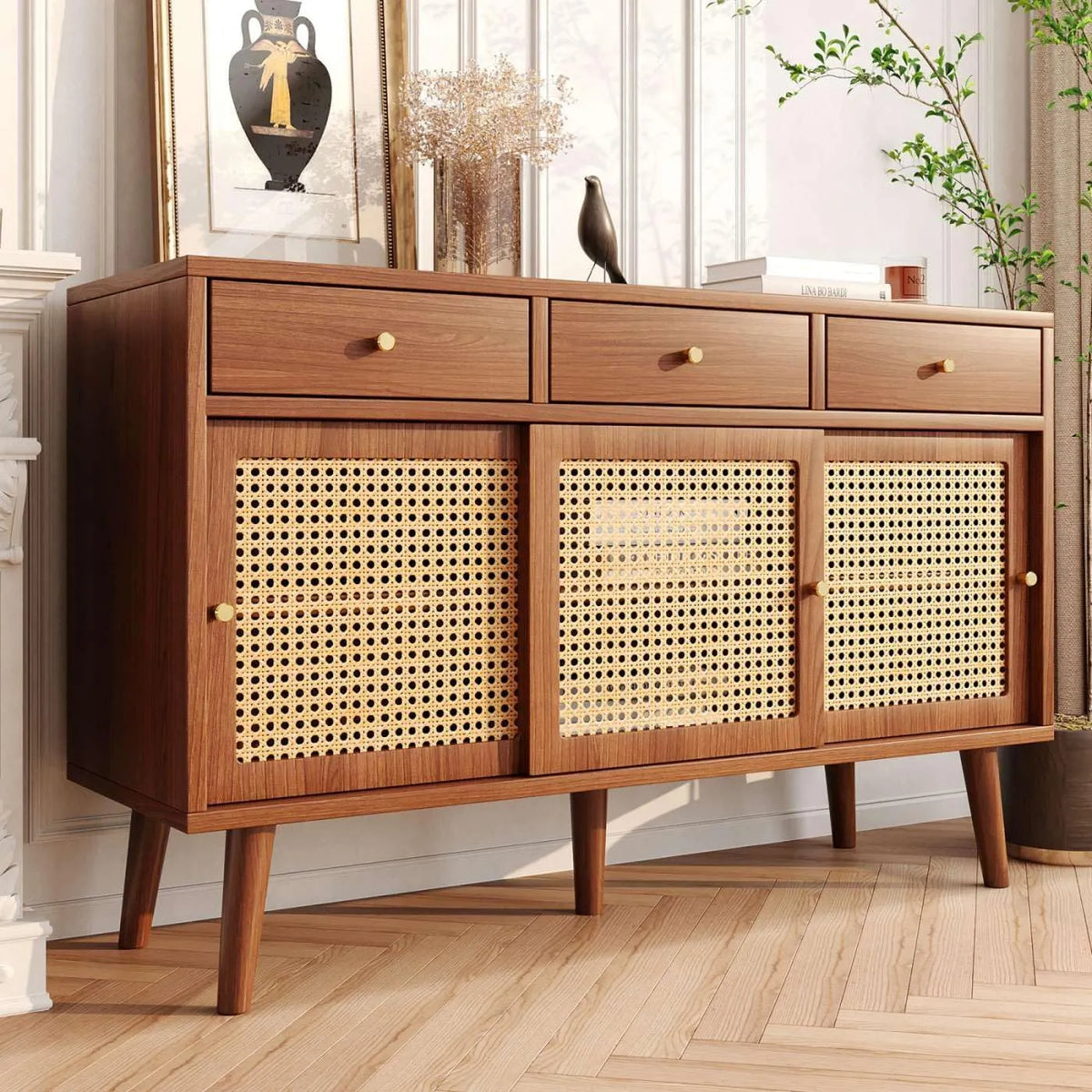 Buffet en rotin avec tiroirs et portes coulissantes - Armoire multifonctionnelle avec étagère ajustable