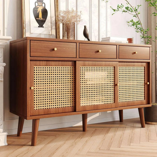 Buffet en rotin avec tiroirs et portes coulissantes - Armoire multifonctionnelle avec étagère ajustable