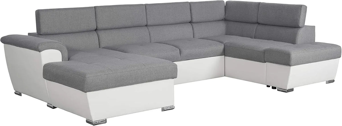 Canapé d'Angle Convertible 6 Places avec Coffre en Simili Cuir et Tissu - Gris Clair et Blanc - 322 cm