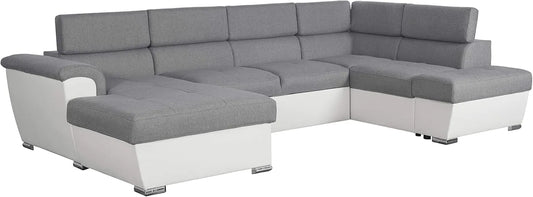Canapé d'Angle Convertible 6 Places avec Coffre en Simili Cuir et Tissu - Gris Clair et Blanc - 322 cm