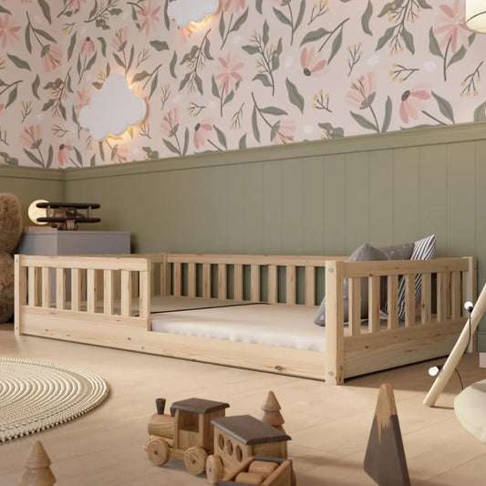 Lit au Sol Montessori en Bois Massif avec Barrière de Sécurité - Design Scandinave - Installation Facile - Taille 140 x 200 cm