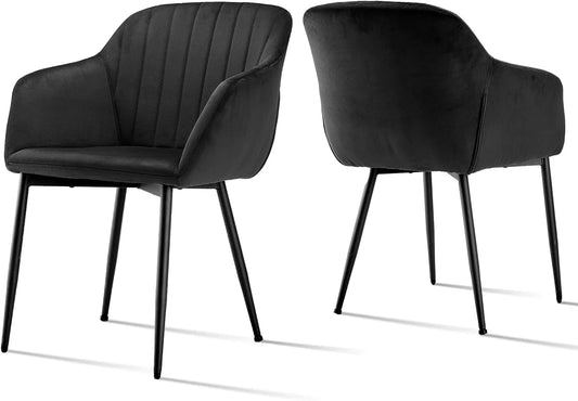 Lot de 2 Chaises Noires en Velours pour Salle à Manger avec Accoudoirs et Pieds Métalliques