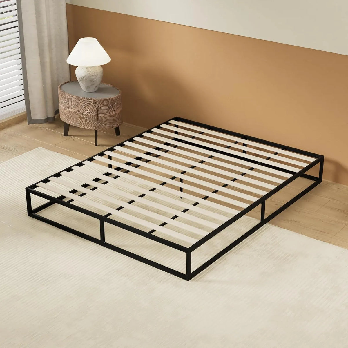 Lit en Bois et Métal avec Renfort Central Stable, Style Industriel, 140x200cm