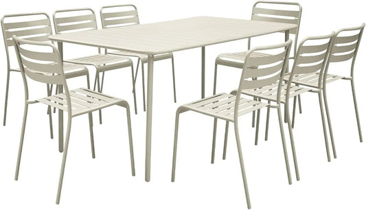 Ensemble de Jardin en Métal avec 8 Chaises Beige, Résistant à la Rouille, Lattes et Bords Arrondis