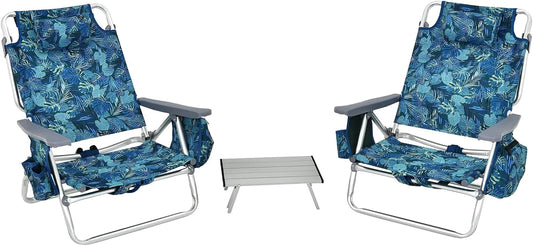 Ensemble de 2 Chaises de Plage Inclinables avec Table Pliante en Aluminium, Capacité 136 KG pour Jardin et Activités Extérieures (Jaune et Bleu)