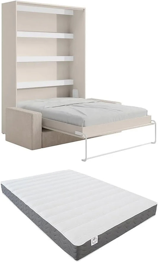 Lit escamotable beige 160x200 cm avec LEDs, matelas et canapé - ouverture verticale manuelle