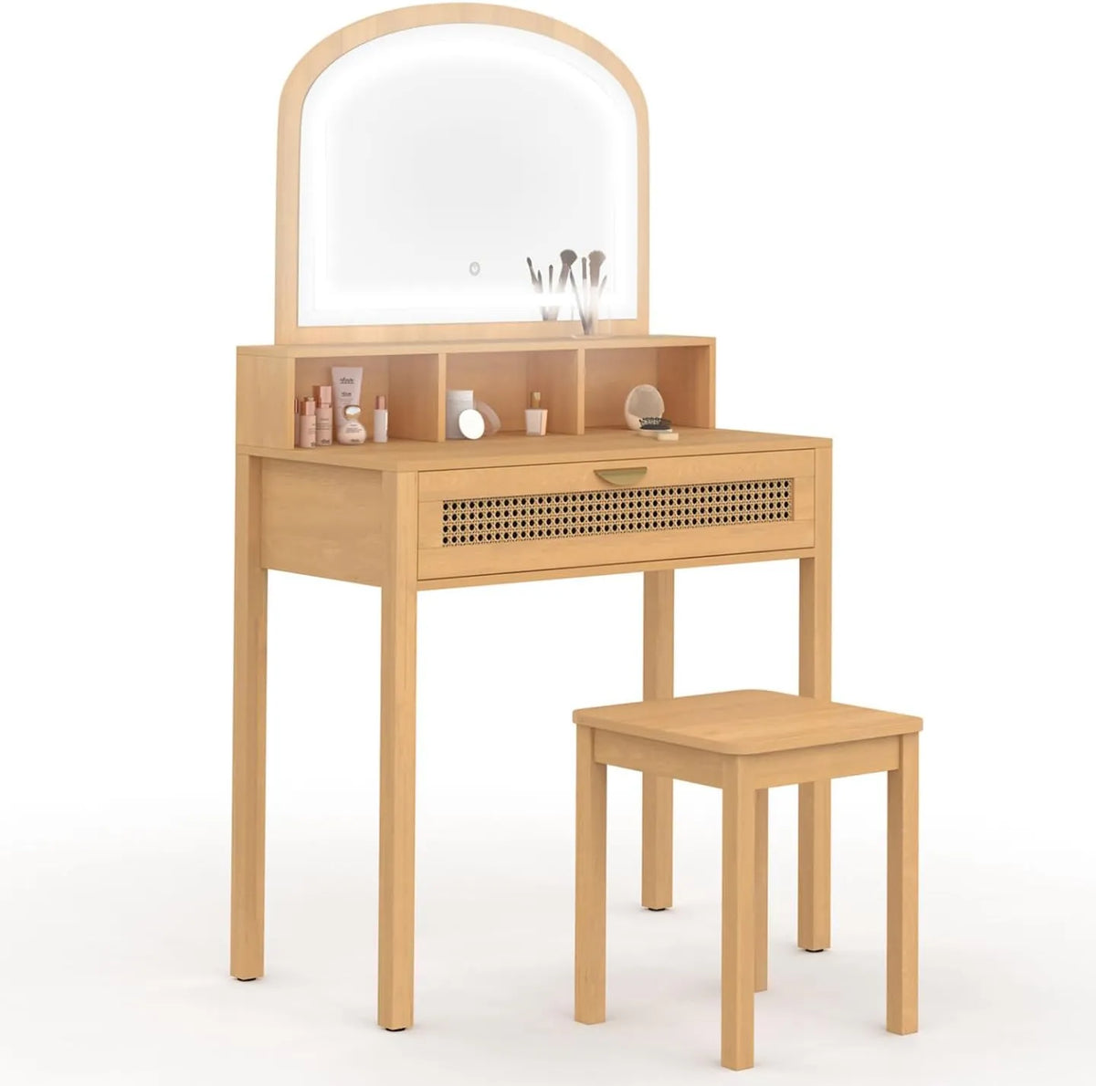 Coiffeuse avec Miroir LED et Tabouret en Rotin - 1 Tiroir et 3 Niches