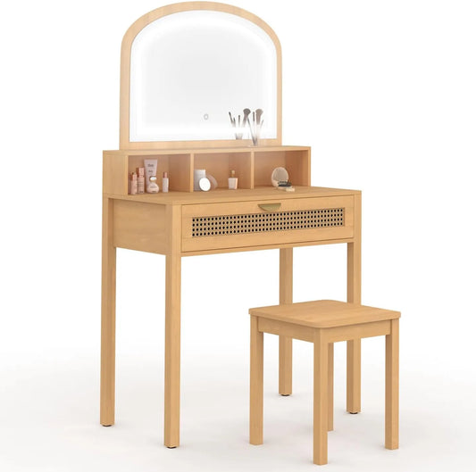 Coiffeuse avec Miroir LED et Tabouret en Rotin - 1 Tiroir et 3 Niches
