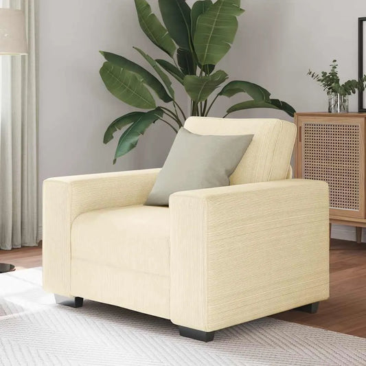 Chaise de salon en velours côtelé crème avec pieds en bois et métal, 100 x 77 x 82 cm