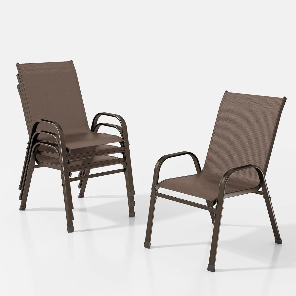 Ensemble de 4 chaises extérieures empilables marron avec accoudoirs en métal pour terrasse et jardin