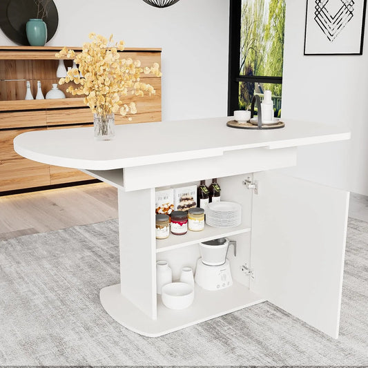 Table à manger extensible ovale en bois avec rangement, pour cuisine et salon, 110/130 x 70 x 75 cm, blanc