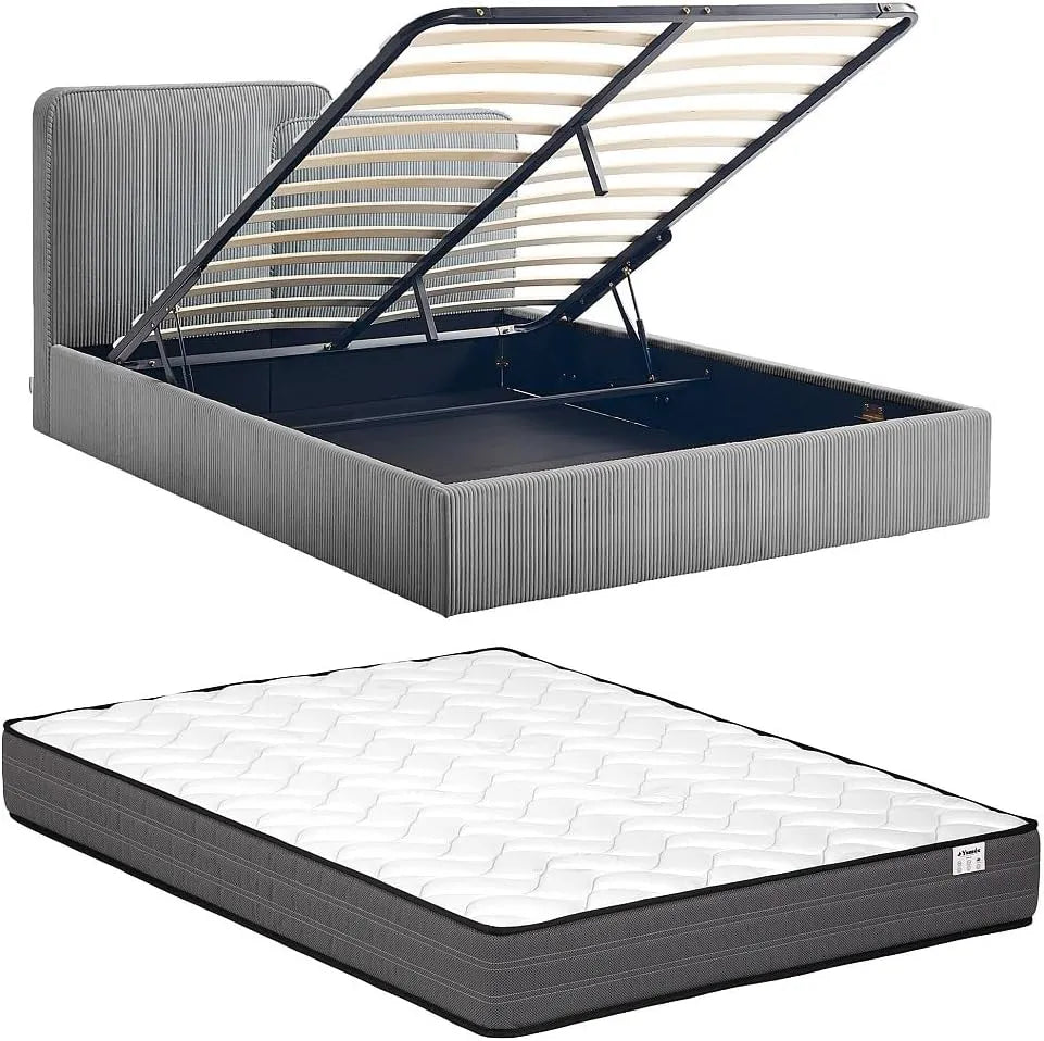 Lit Coffre 140x190 cm en Velours Gris avec Matelas - NAYOLA