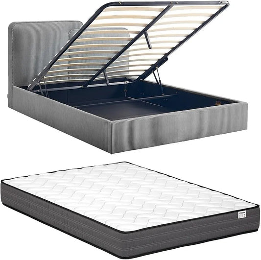 Lit Coffre 140x190 cm en Velours Gris avec Matelas - NAYOLA