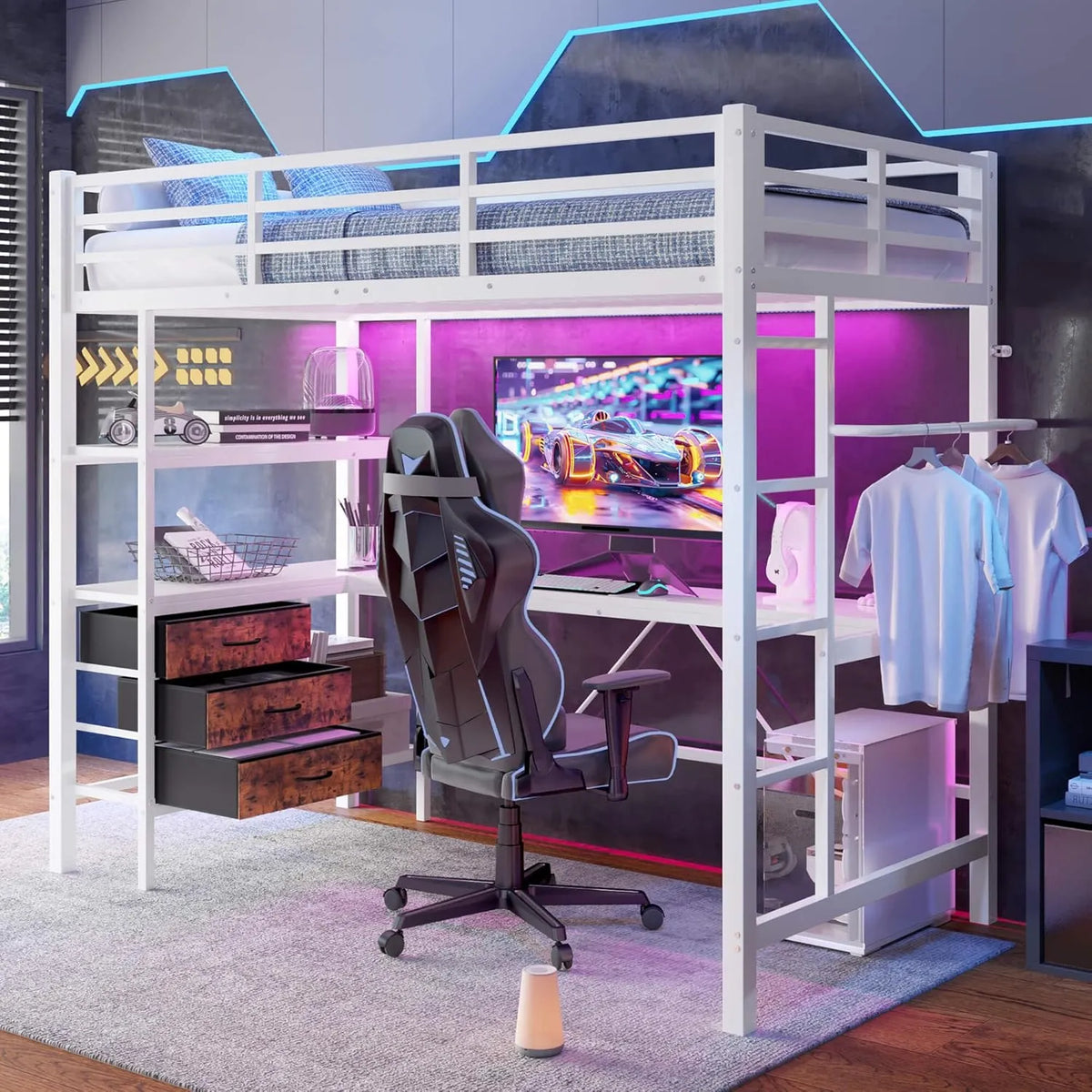 Lit mezzanine en métal 90x200 cm avec bureau, étagères et tiroirs, idéal pour adultes, adolescents et enfants, blanc