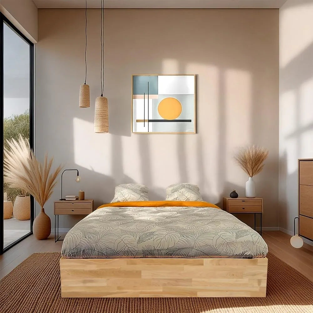 Lit avec Coffre 160x200 cm en Chêne Massif Huilé avec Sommier