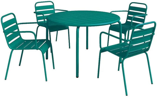 Ensemble de Jardin MyLIA Mirmande en Métal - Table Ronde 110 cm et 4 Fauteuils Empilables Bleu Canard