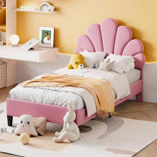Lit Simple 90x200cm en Velours Rose avec Tête de Lit Fleur et Sommier à Lattes MDF, Style Scandinave