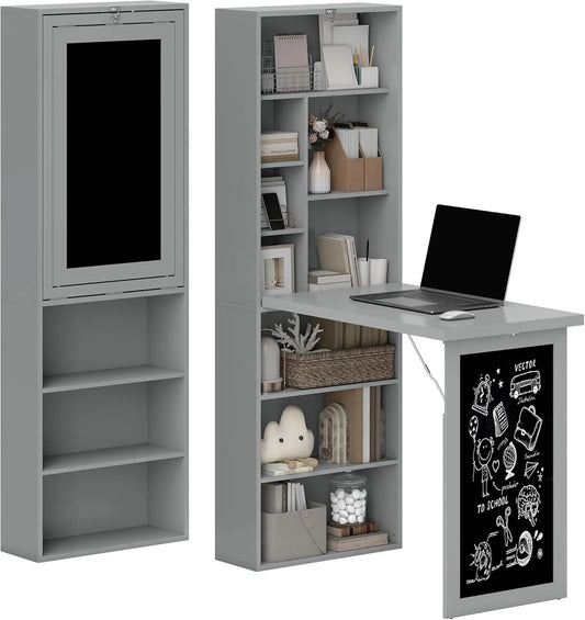 Bureau Informatique Pliable avec Bibliothèque et Compartiments, Gris