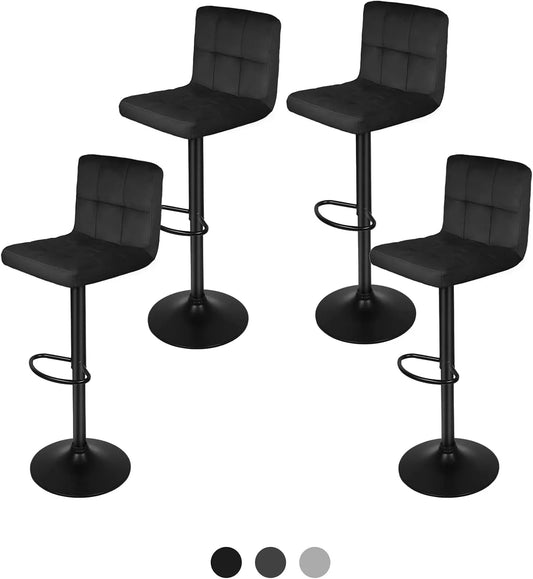 Lot de 4 Tabourets de Bar en Velours avec Repose-Pieds et Hauteur Réglable, Chaise Pivotante en Métal, Noir